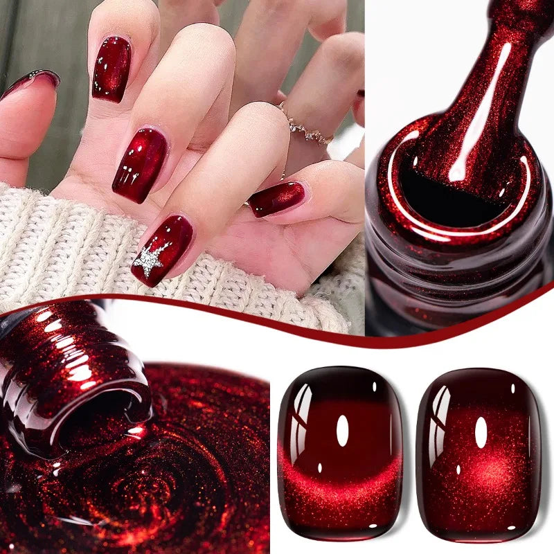 Red magnetic gel nail polish with painted nail examples and product details