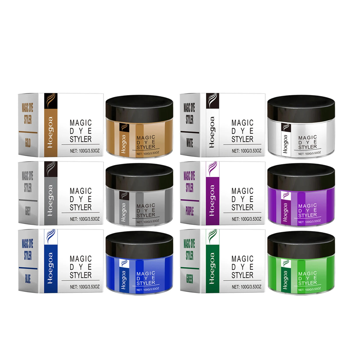 Hair color wax jars with color and hairstyle examples