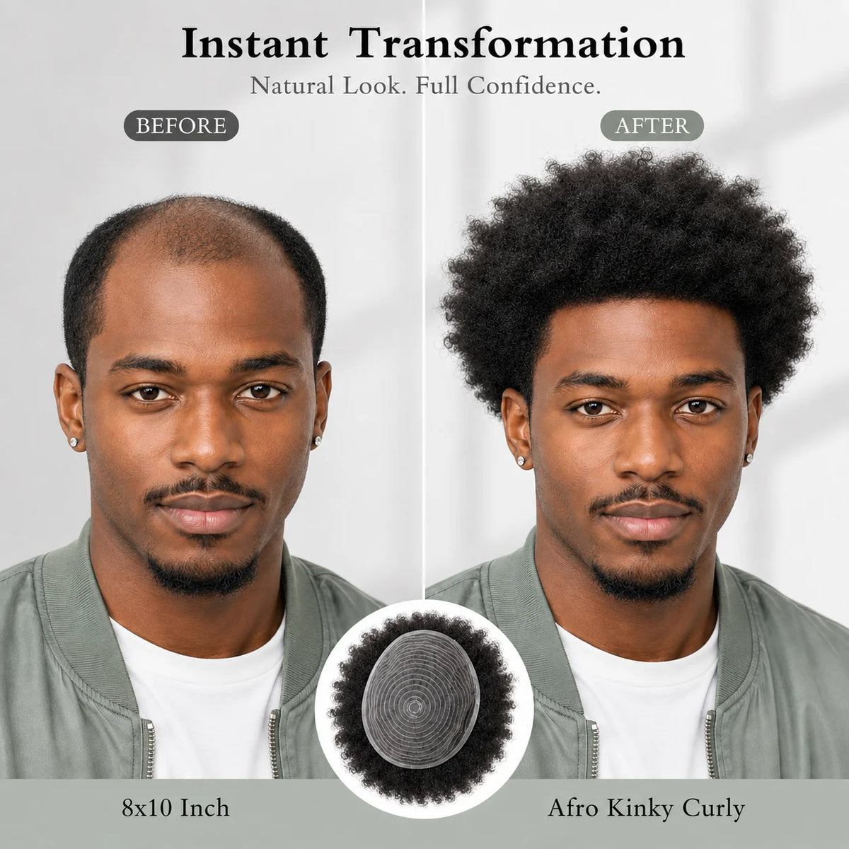 Curly hair toupee with hairstyle and base coverage details