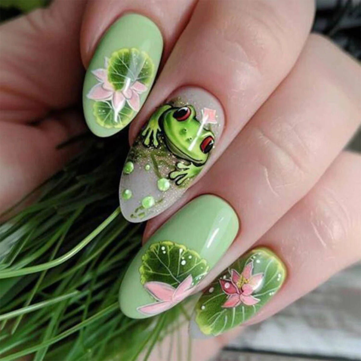 Decorative nail designs shown on hands