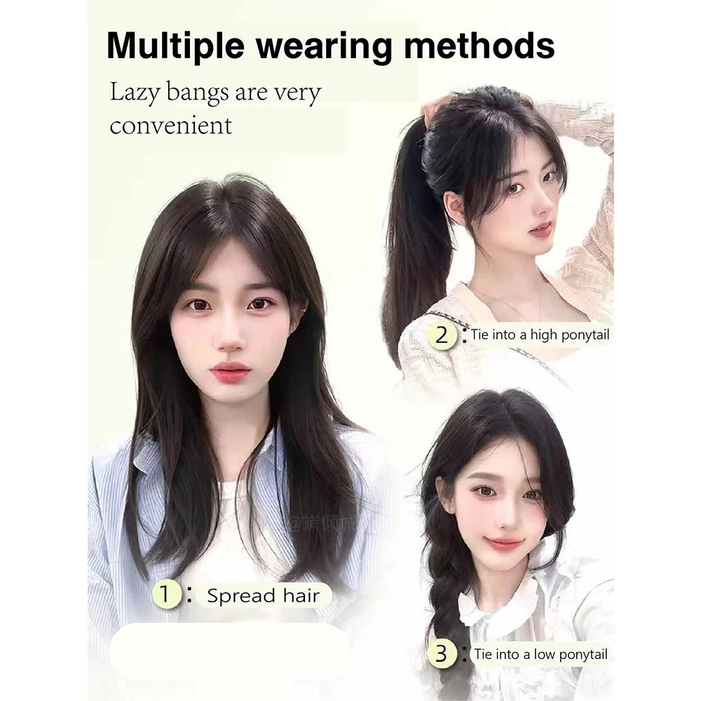 Clip-in fringe hairpiece with styling and construction examples