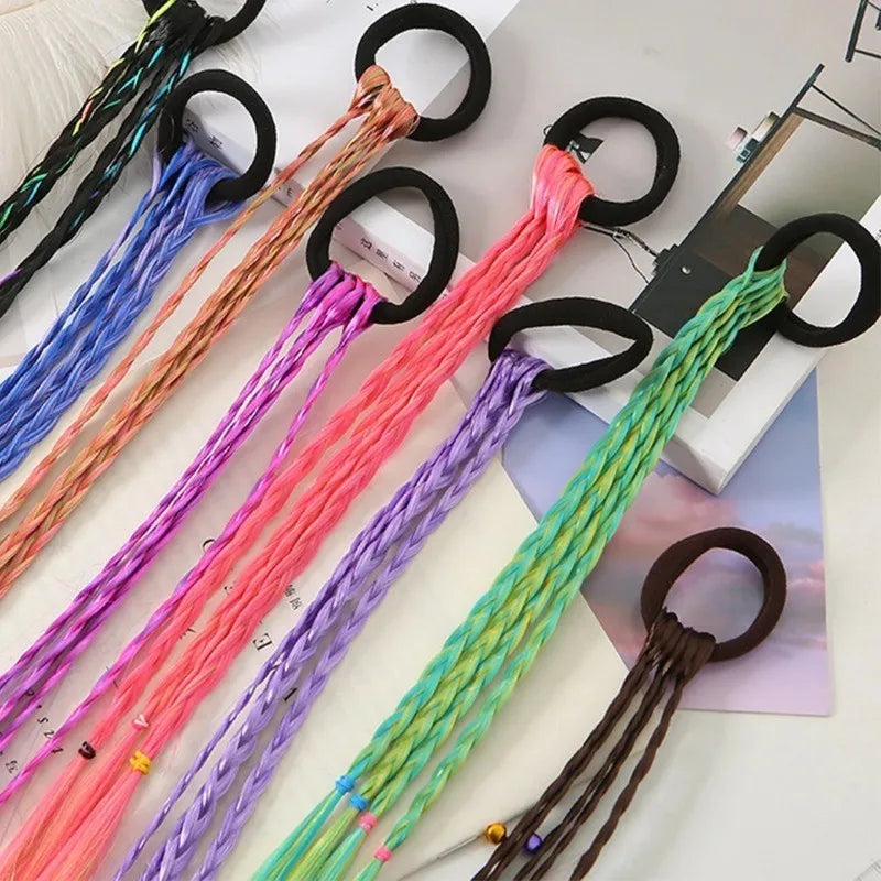 Colorful braided ponytail extensions with hair ties and styling examples