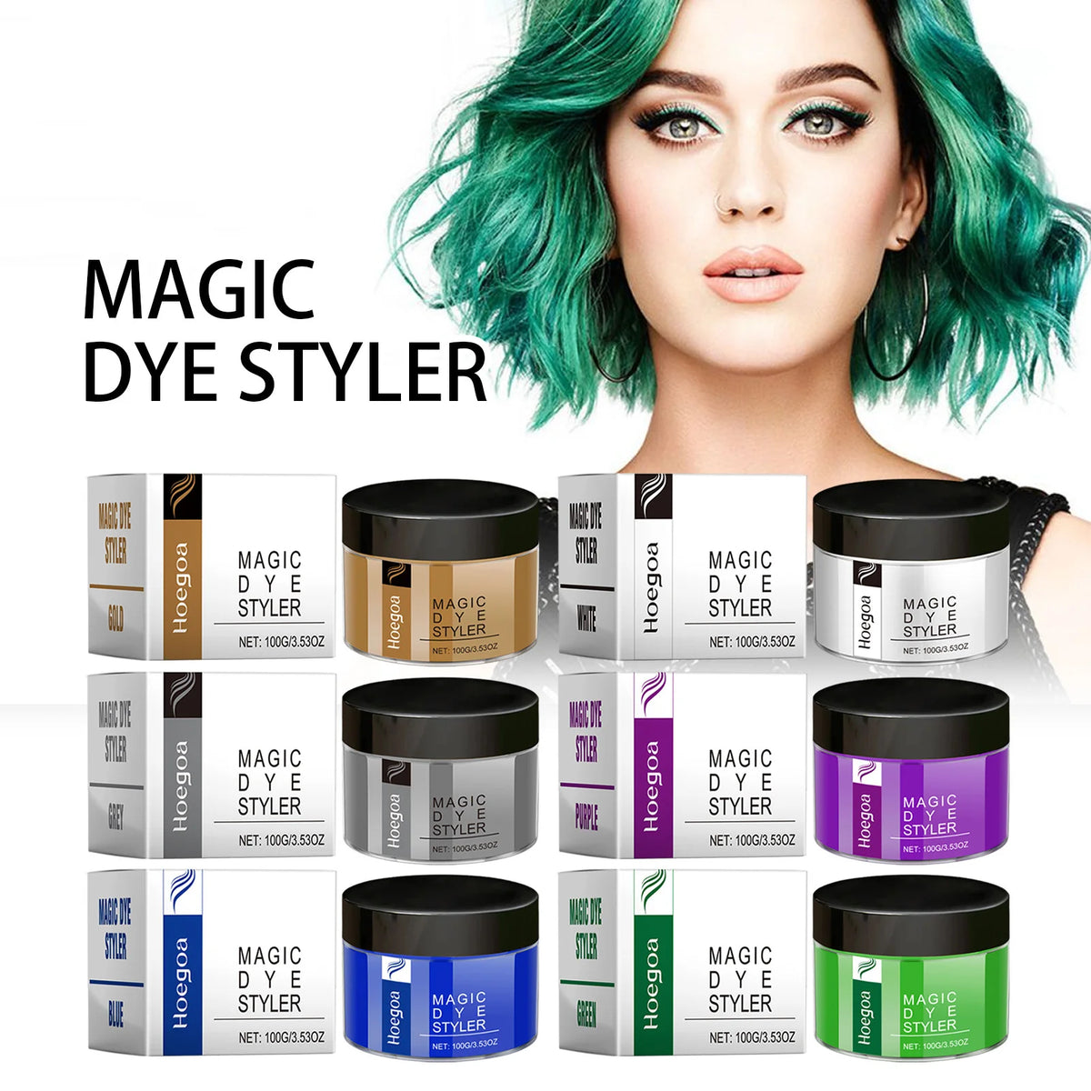 Hair color wax jars with color and hairstyle examples
