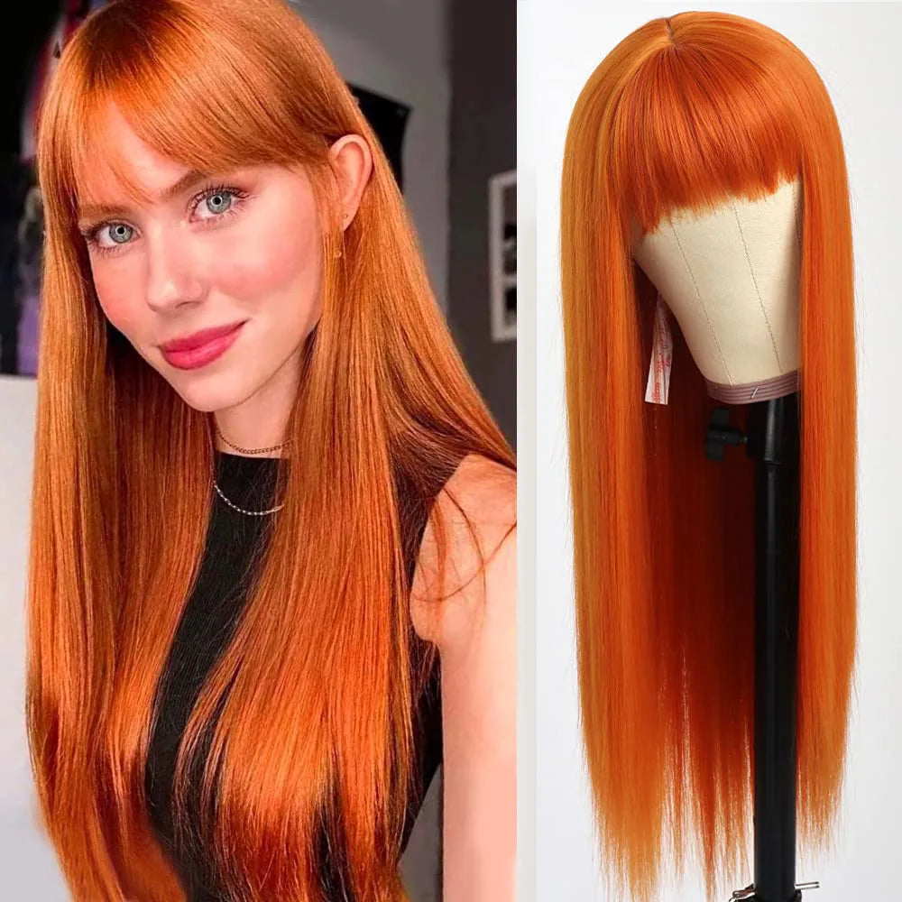 Long straight wig with bangs shown on a model and mannequin