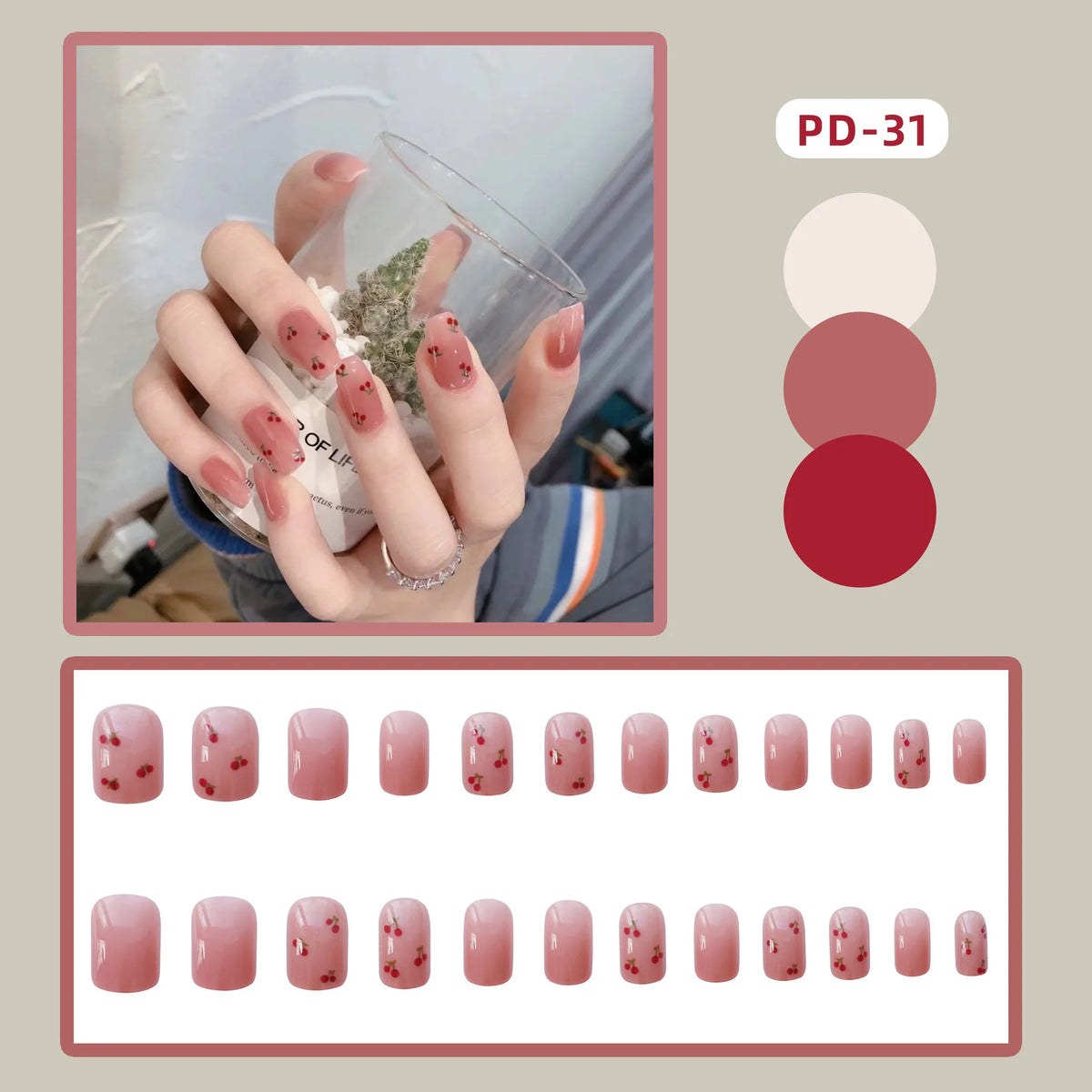 Press-on nail set with manicure example and shade samples