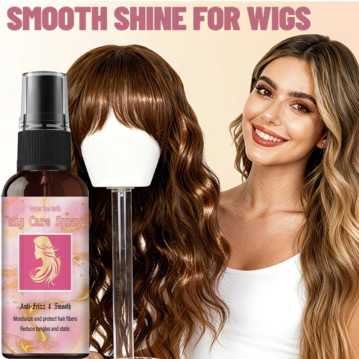 Wig care spray with hair texture and application examples