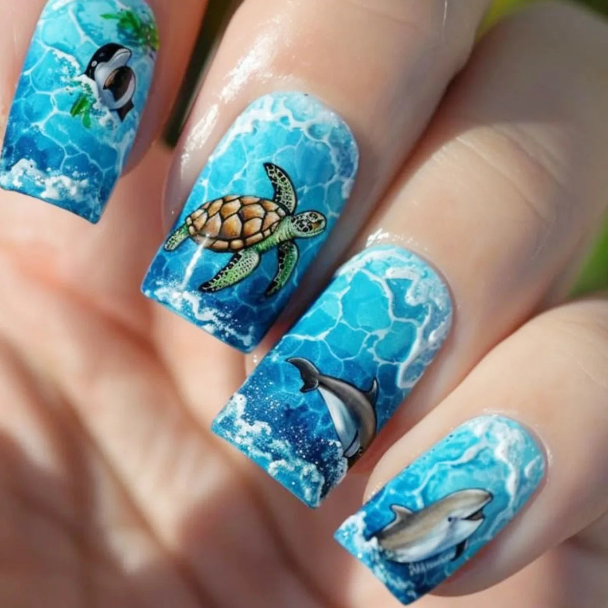 Blue marine-themed nail designs shown on hands