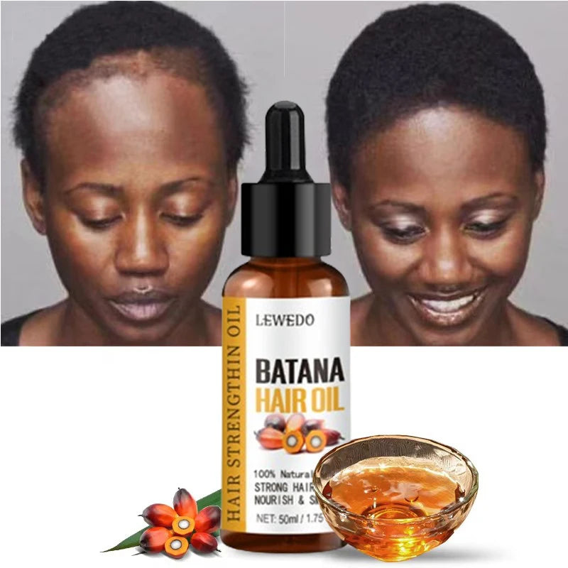 Batana hair oil with hairstyle and ingredient illustrations