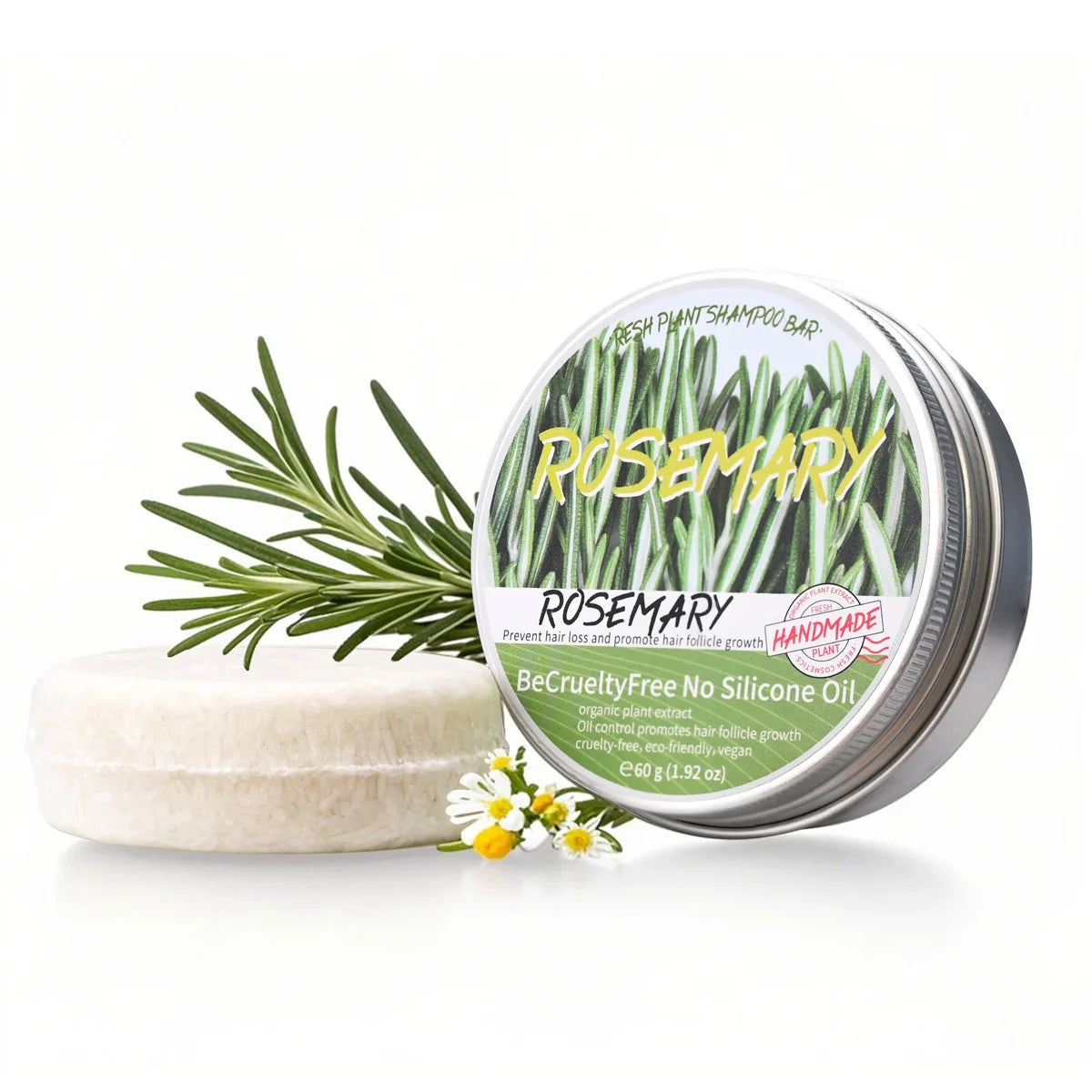 Rosemary shampoo bar with hair washing and promotional graphics