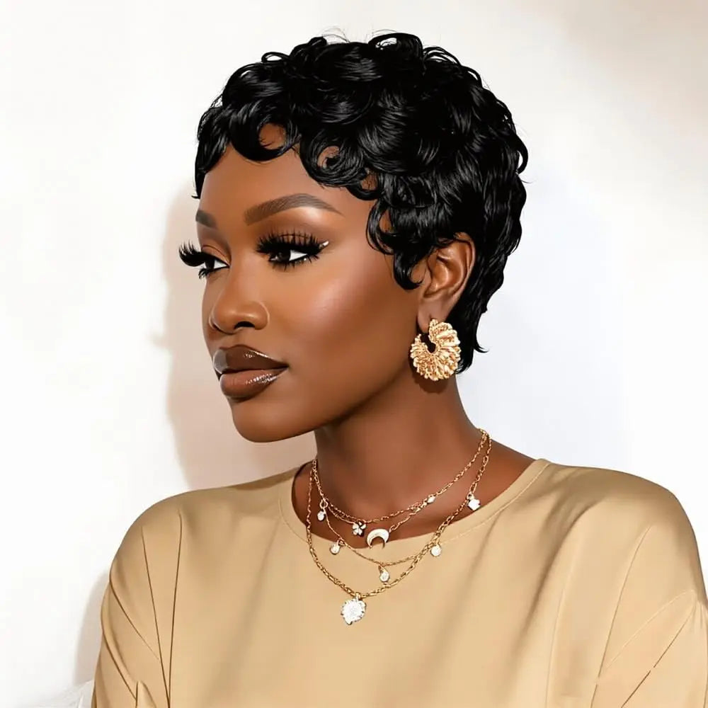 Short curly wig shown from different angles