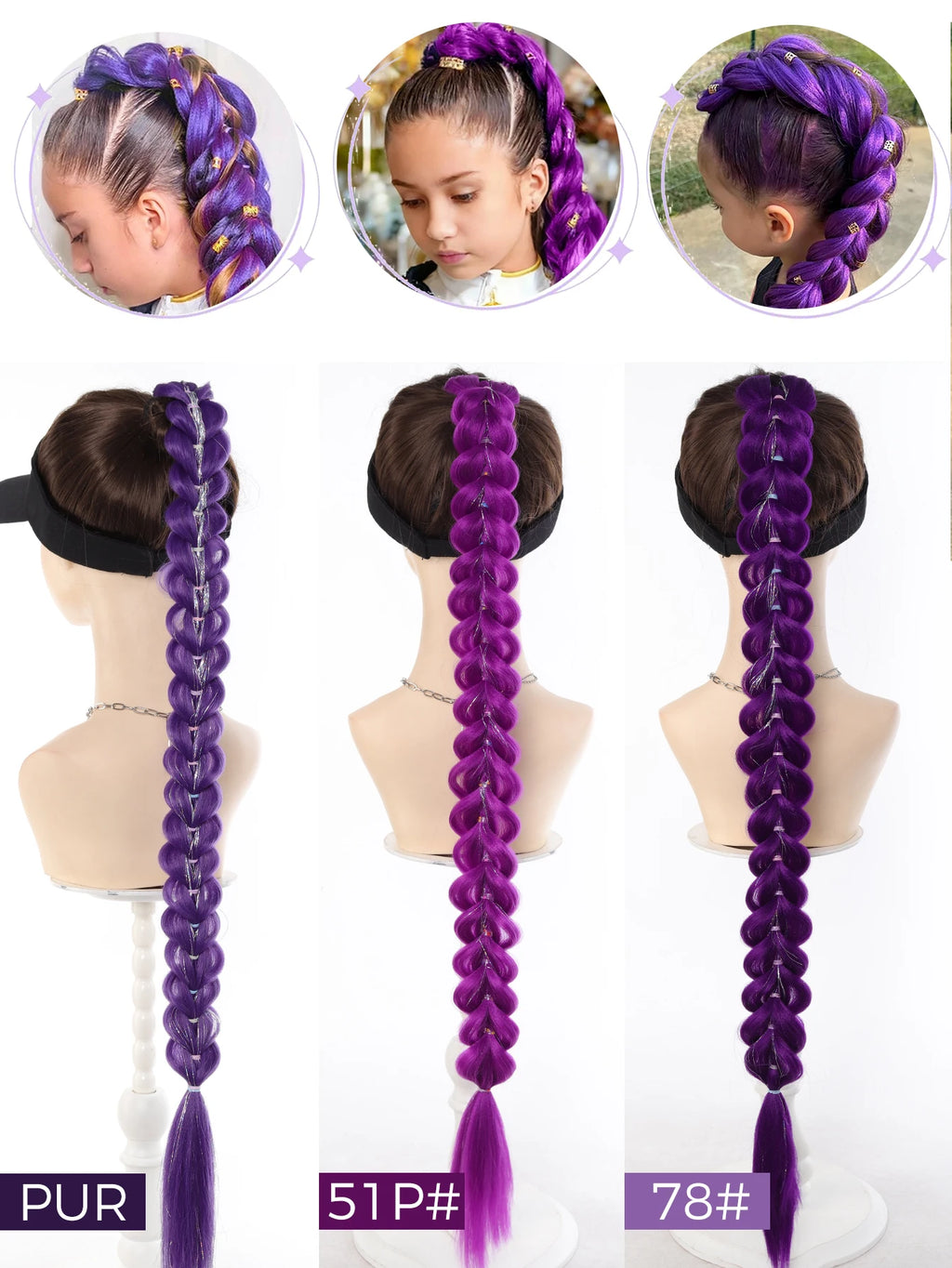 32-Inch Purple Braided Ponytail with Tinsel
