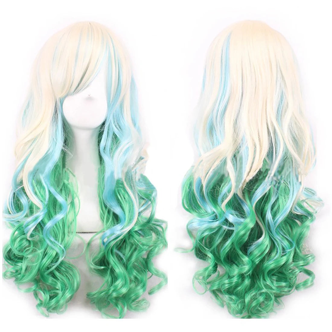 Colorful long wig shown from front and back
