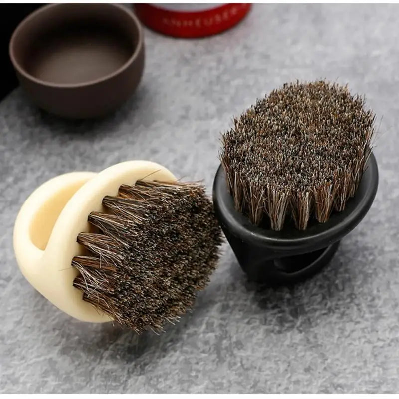 Palm grooming brush with hand grip and bristle views