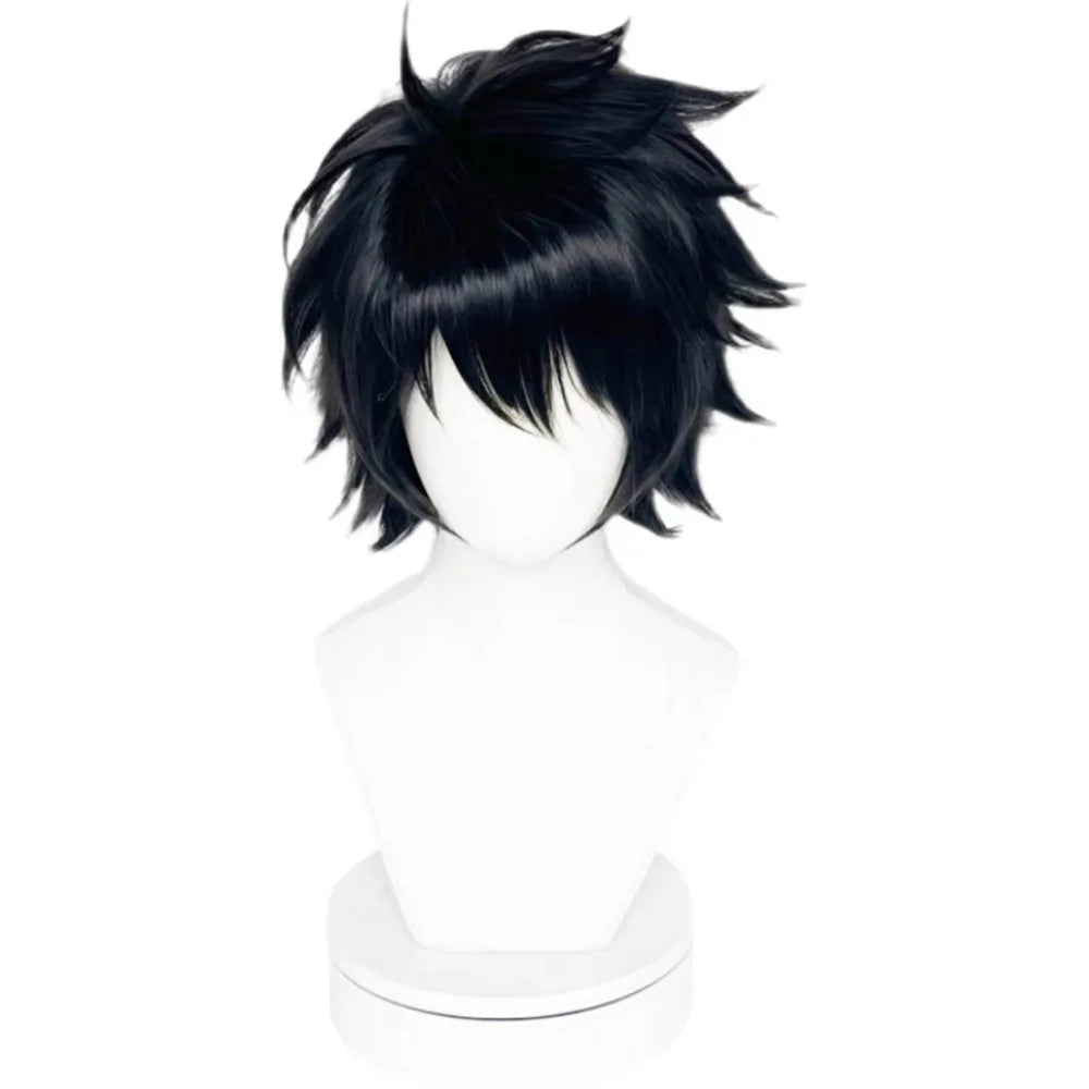Short spiky dark cosplay wig on a mannequin