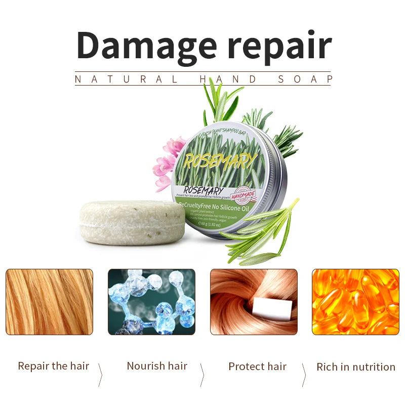 Rosemary shampoo bar with hair washing and promotional graphics