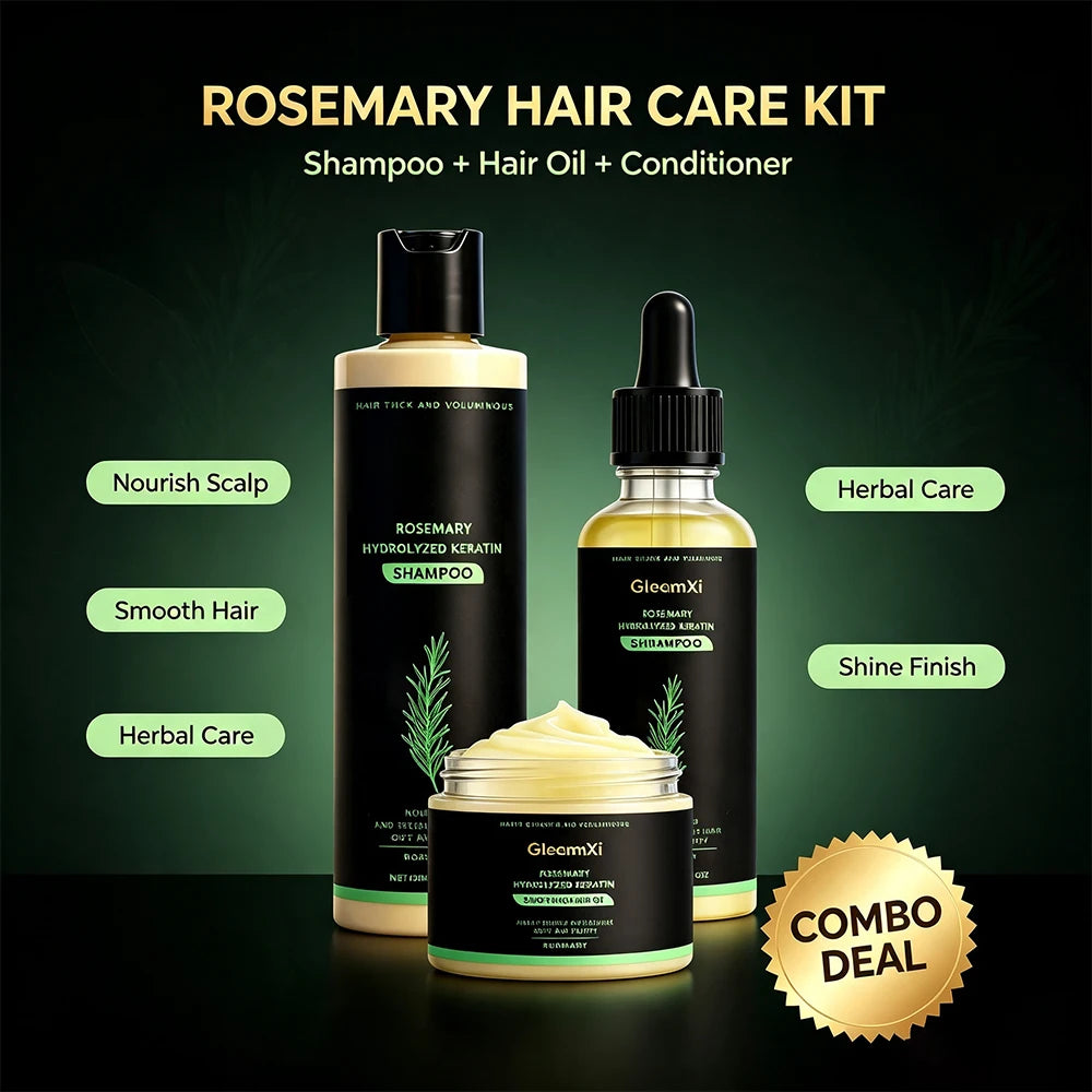 Rosemary hair care products with ingredient and use illustrations
