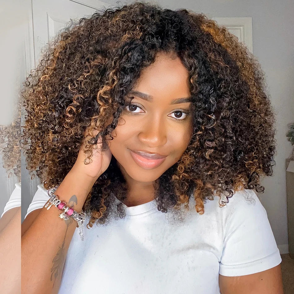 Shoulder-length curly wig shown on a model