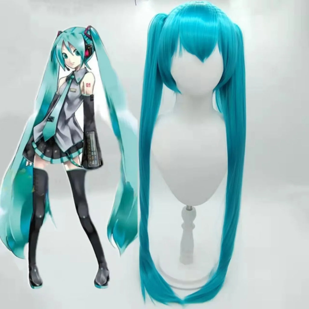 Green Blue Cosplay Wig Long Straight With Bangs Double Ponytail