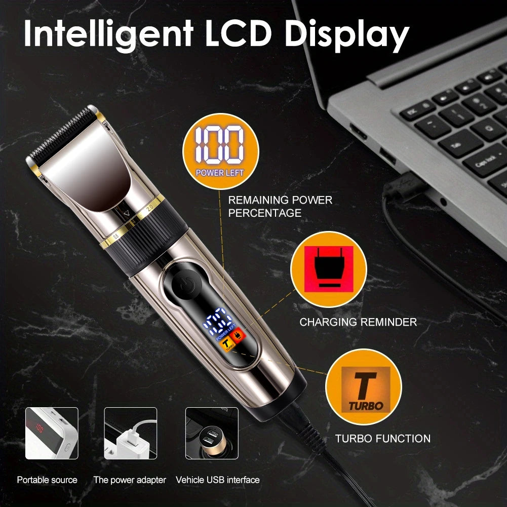 Hair clipper with charging, adjustment and grooming illustrations