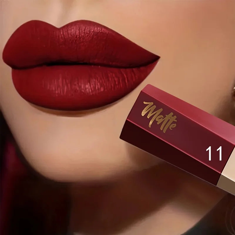 Liquid lipstick shade shown on lips beside its numbered tube