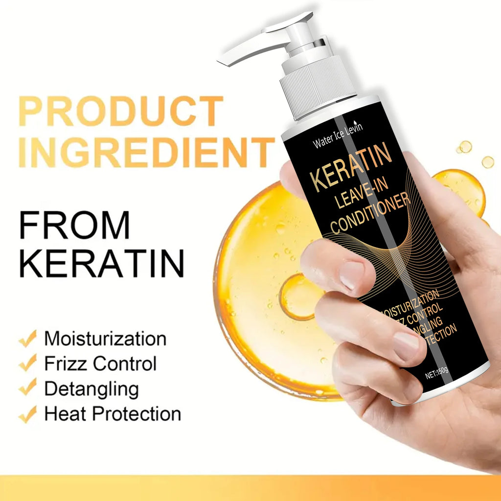 Keratin conditioner with hairstyle and ingredient graphics