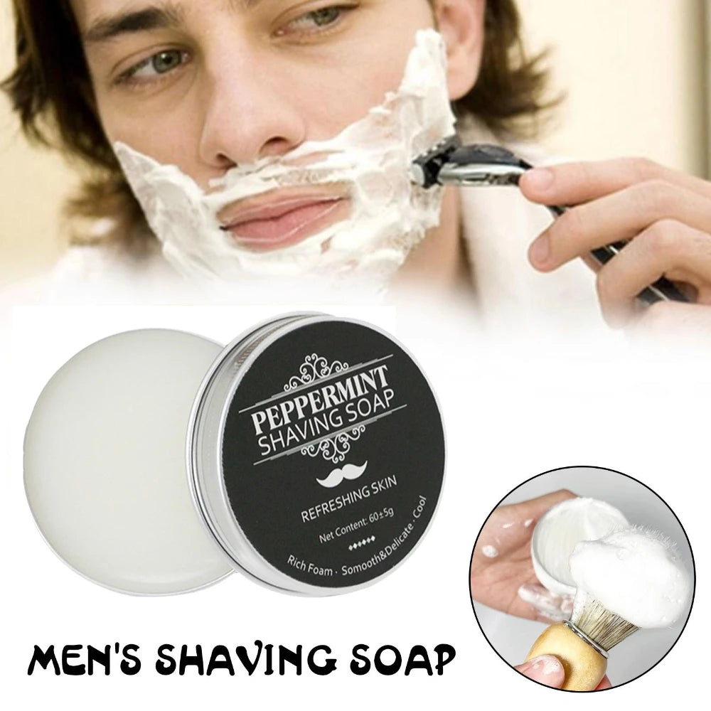 Shaving soap with lather and shaving brush application examples