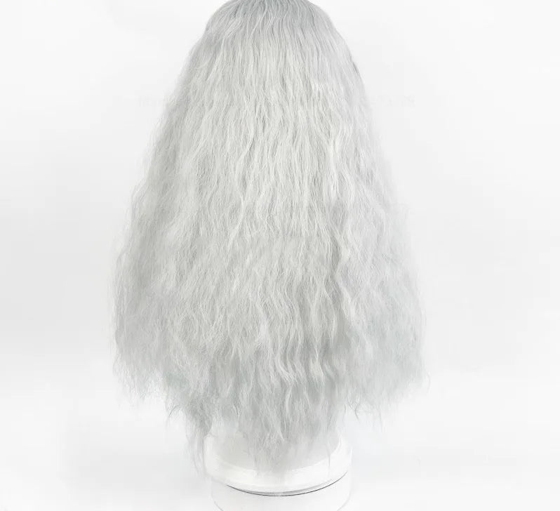 Long white wavy cosplay wig shown on a mannequin