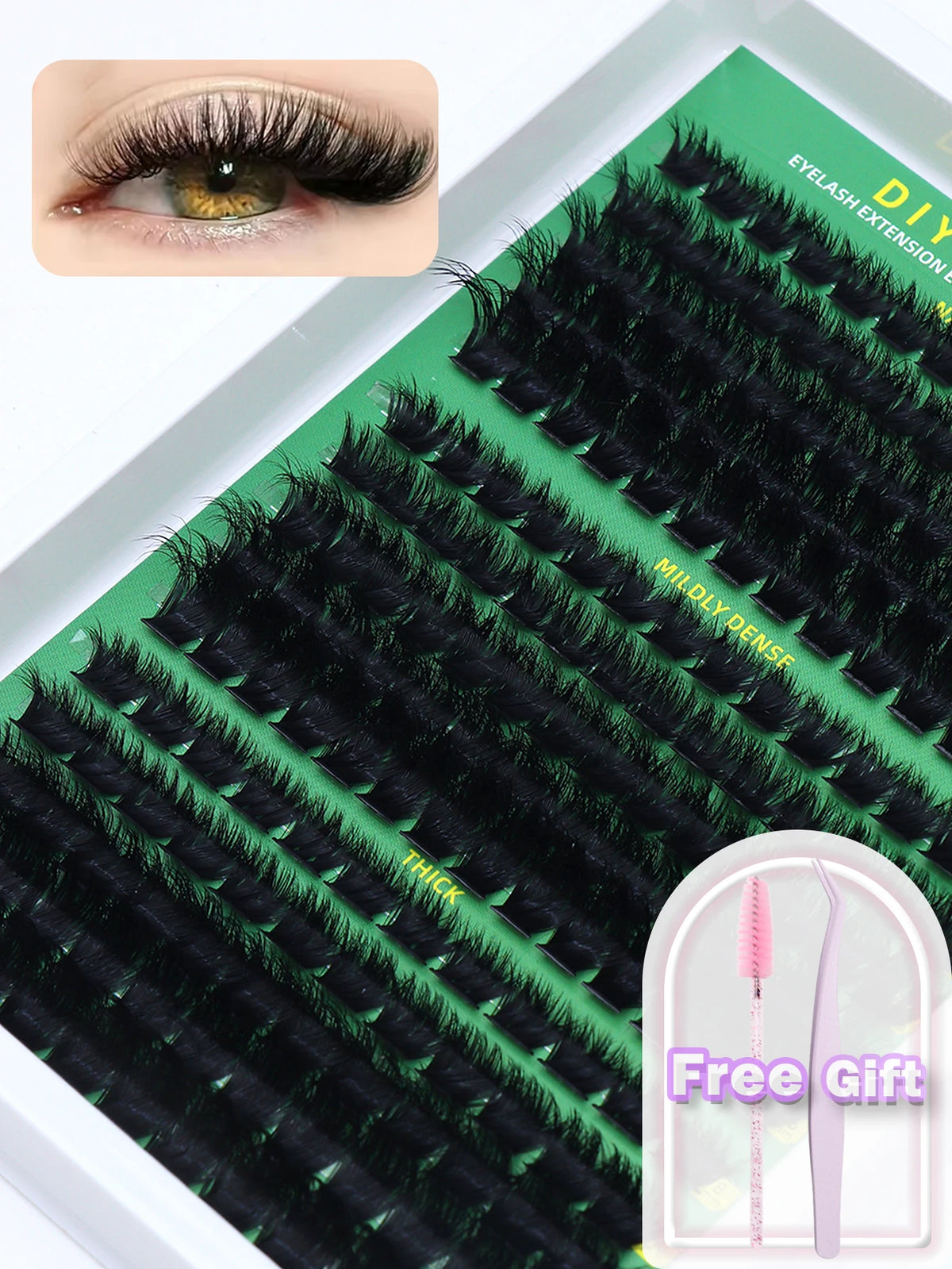 False eyelash clusters arranged in rows in a tray