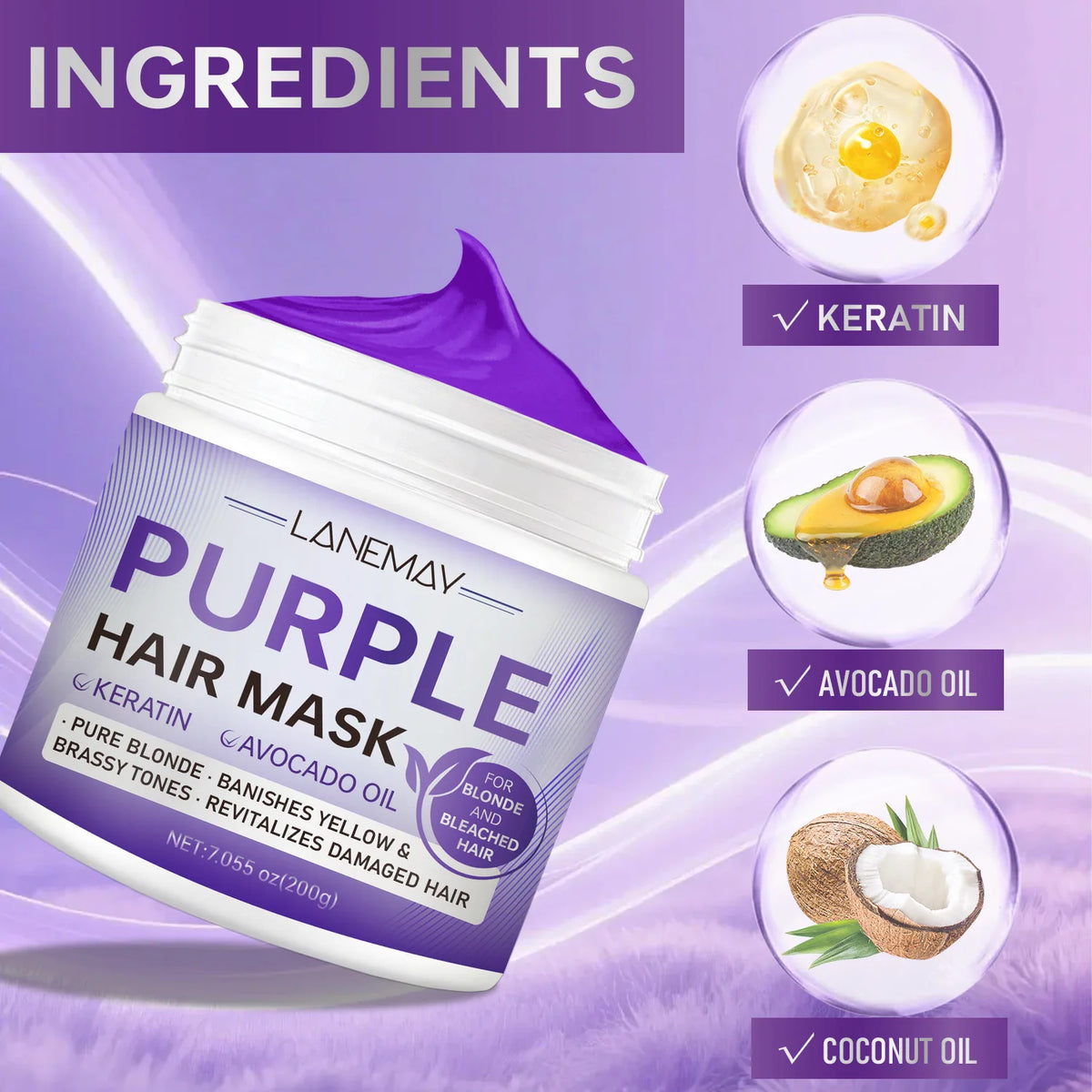 Purple hair mask with hair color and application examples