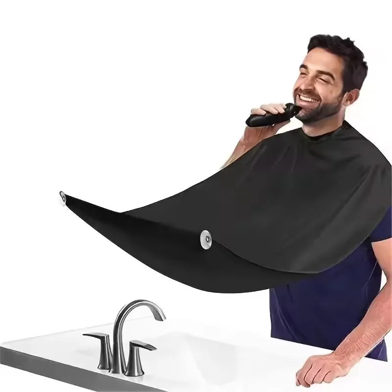 Beard-trimming apron shown worn during grooming and emptied afterward