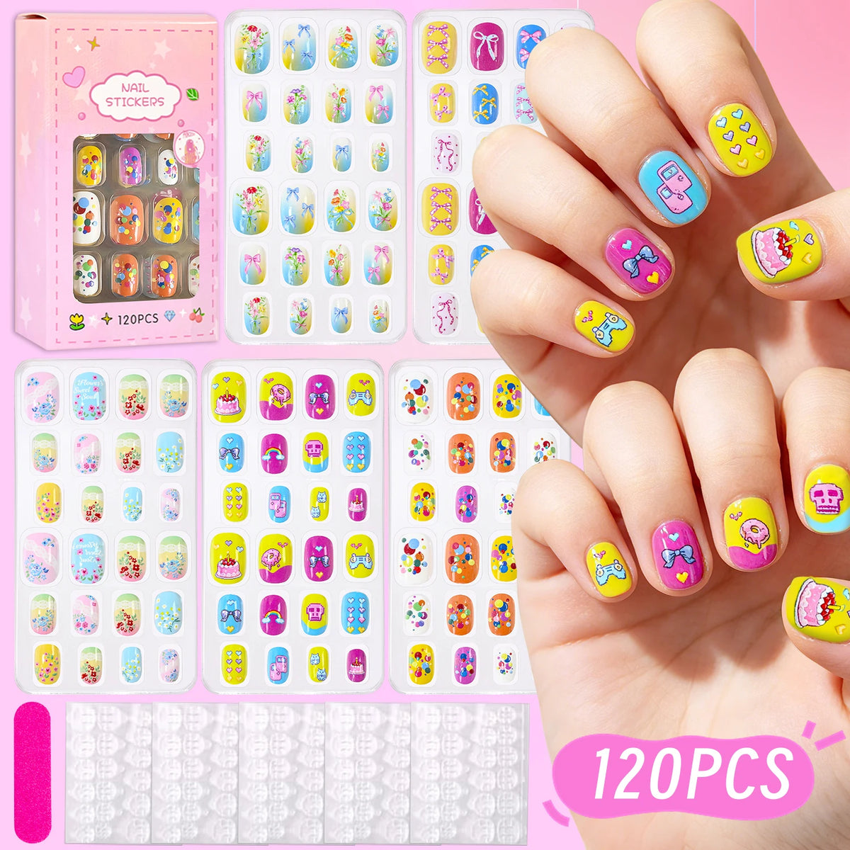 Assorted colorful press-on nails with packaging and manicure accessories