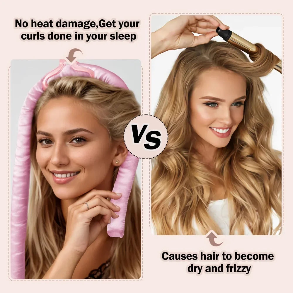 Heatless curling set shown in use and with styled curls