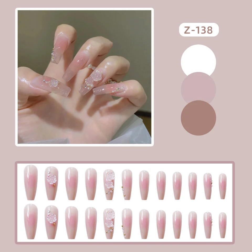 Pink decorative press-on nail design with manicure example