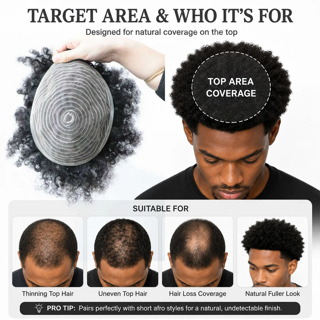 Curly hair toupee with base, size and hair texture details