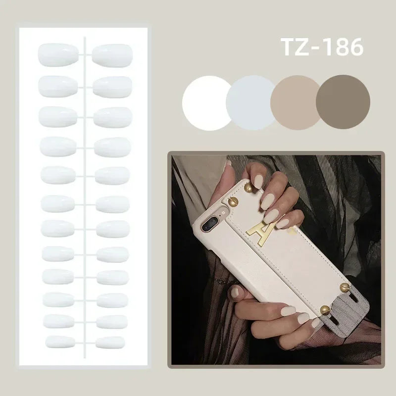 Press-on nail design with adhesive tabs and manicure example