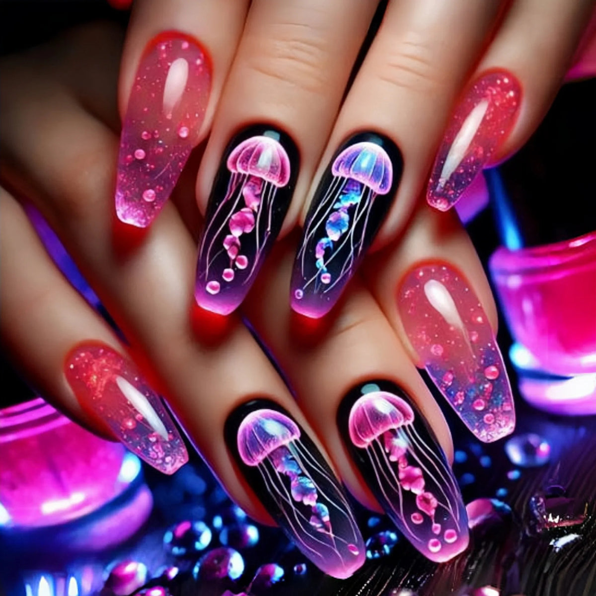 Colorful marine and summer-themed nail designs shown on hands