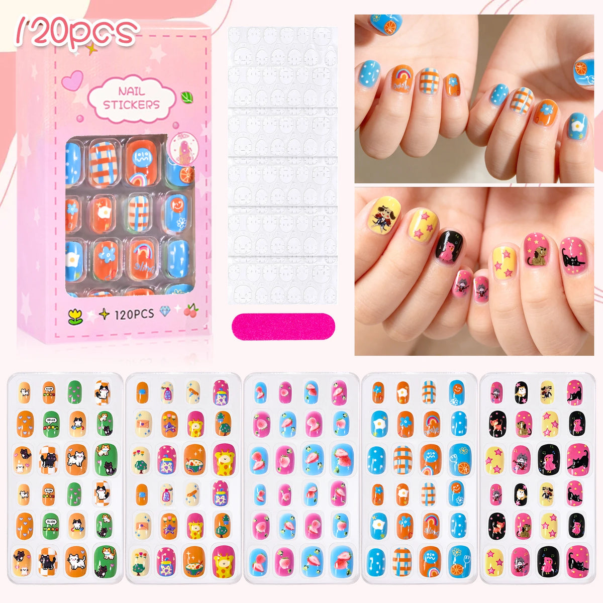 Assorted colorful press-on nails with packaging and manicure accessories