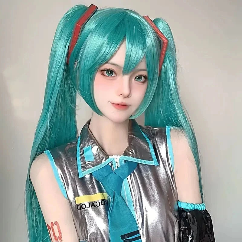 Green Blue Cosplay Wig Long Straight With Bangs Double Ponytail