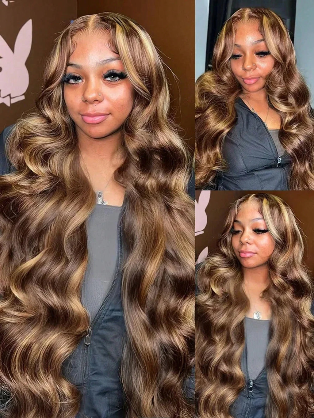Long highlighted brown wavy wig shown from different angles