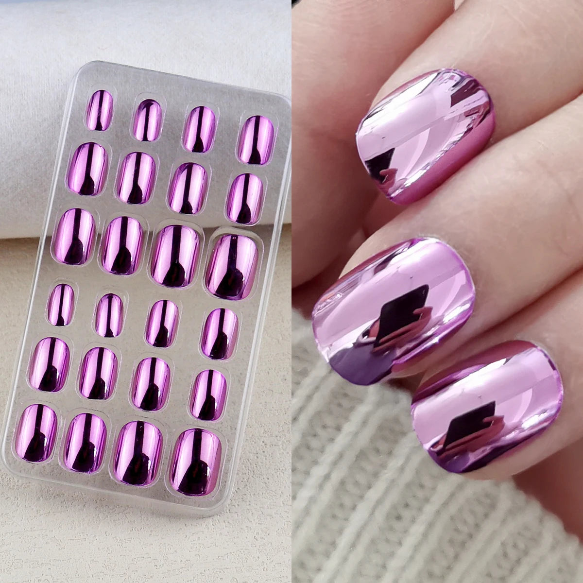 Chrome press-on nail shade shown in a set and on a hand