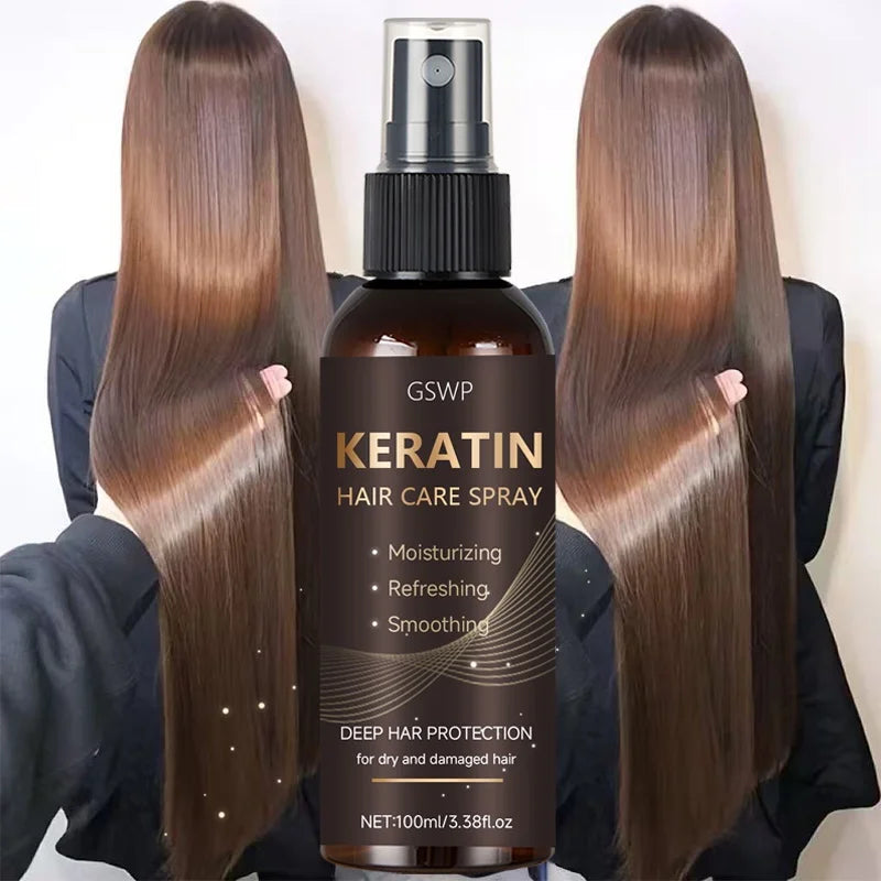 Keratin hair spray with hair care and application illustrations