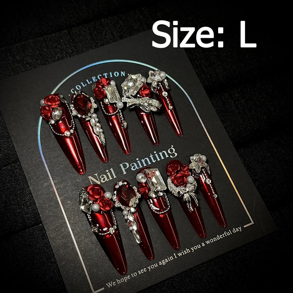Gem-encrusted press-on nail set with size label