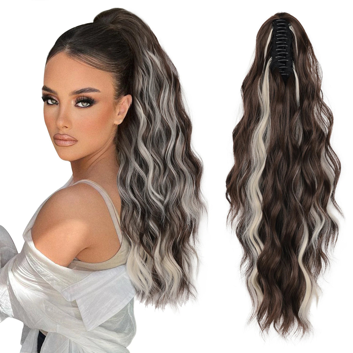 Wavy ponytail extension color shown with styling example