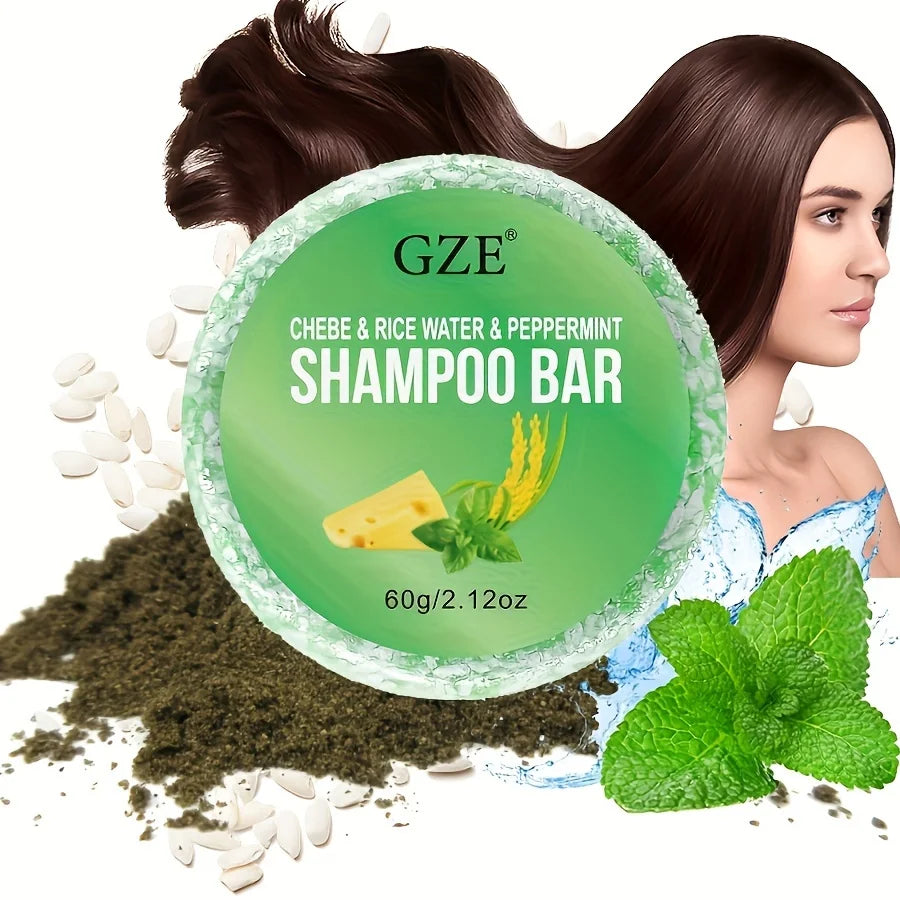Green shampoo bar with ingredients and hair washing information