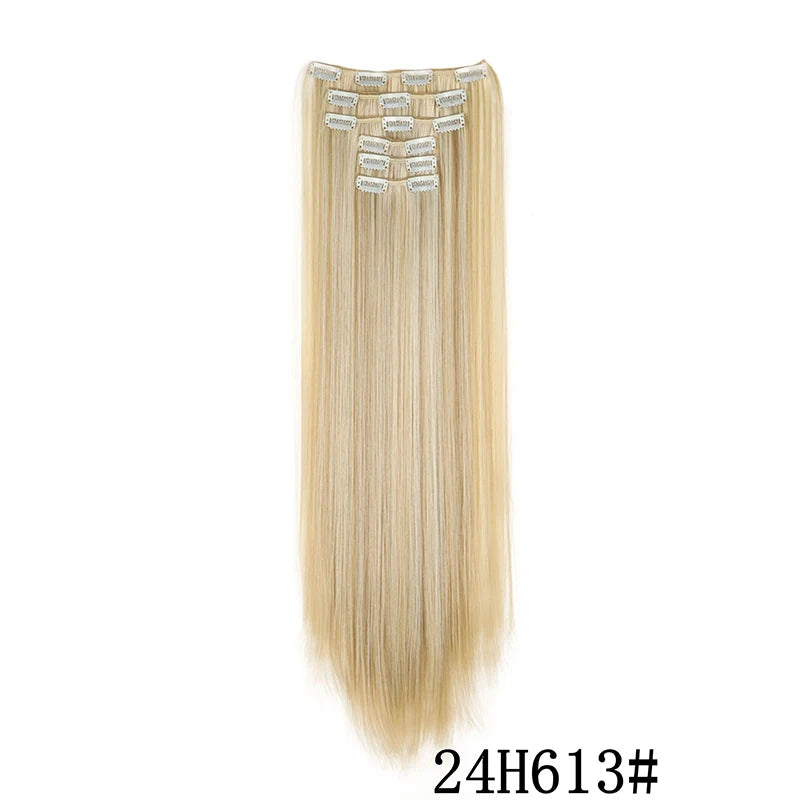 Straight clip-in hair extension with visible attachment clips