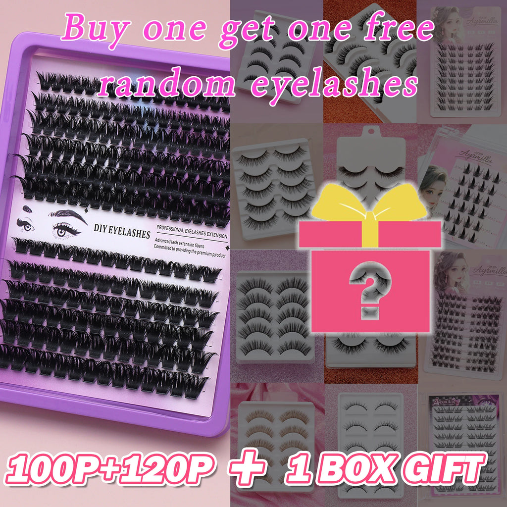 False eyelash clusters arranged in rows in a tray