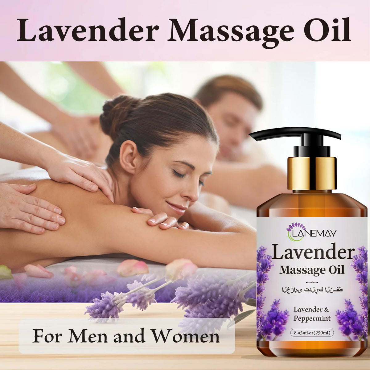 Lavender massage oil with ingredients and massage application illustrations