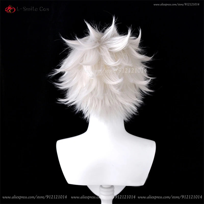 Short spiky white cosplay wig shown on a mannequin