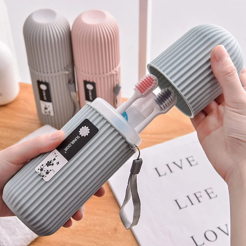 Travel toothbrush case with storage and use examples