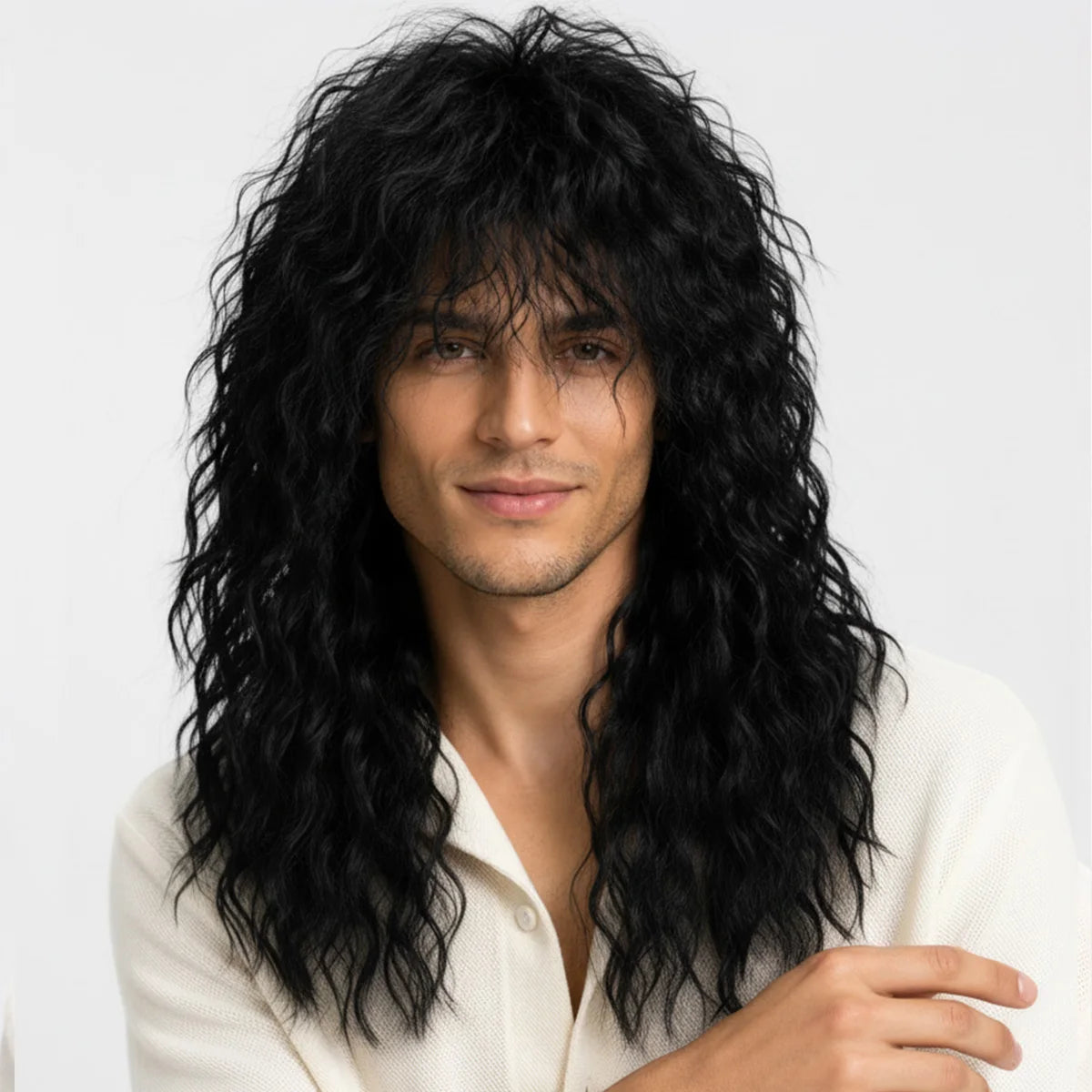 Long dark rocker wig with hairstyle examples